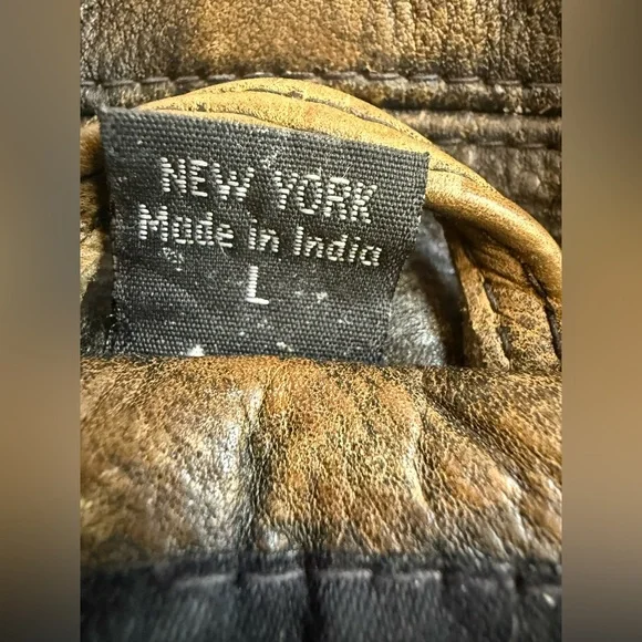 Kenneth Cole New York Men’s L Heavyweight Distressed Brown Leather Jacket Patina